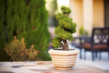 boxwood spiral topiary in stone pot outdoor - obrazy, fototapety, plakaty