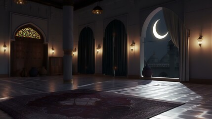 3D rendering of the mosque and the moon in the night time - obrazy, fototapety, plakaty