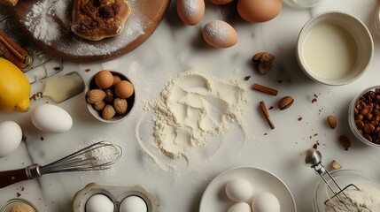 top view of ingredients for baking cake on white table, panorama