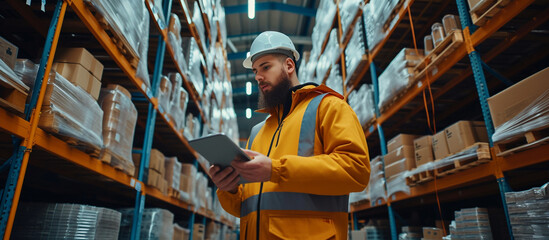 warehouse worker using a tablet computer while working in the stockroom.