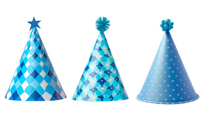 set of blue party hats on a transparent background
