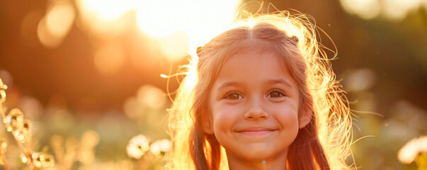 Fototapeta premium Close up portrait of little girl smiling in backlight. AI generated.