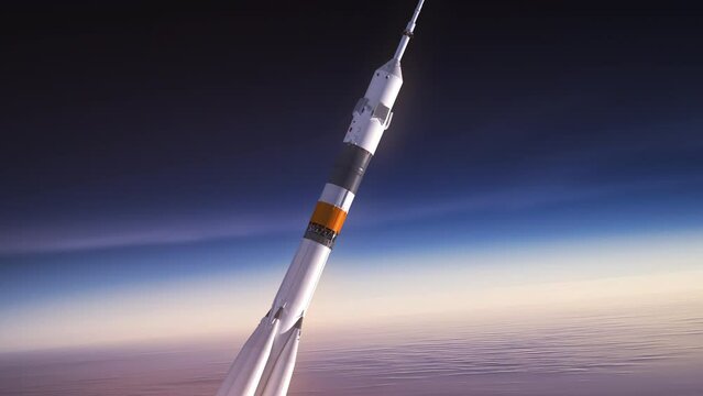 Carrier rocket with crew spacecraft flies above the clouds. 3d animation. 4k.