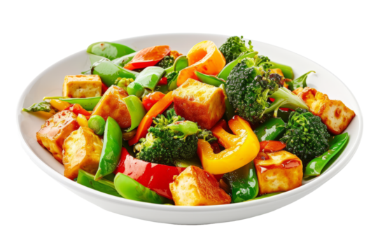 vegetable stir-fry with tofu, bell pepper, broccoli and peas in a healthy and attractive vegetarian dish on a white background