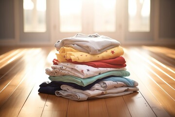 daylight shining on a stack of kids clothes on a wooden floor