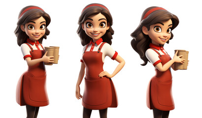 Friendly animated barista in uniform holding coffee cup in various poses