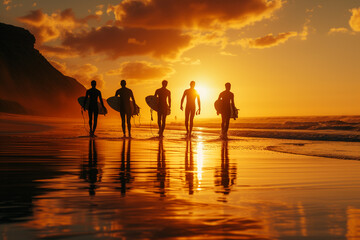 Several surfers with boards walk along the beach after an active ride at sunset against the backdrop of the ocean - obrazy, fototapety, plakaty