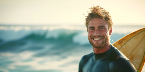 happy smiling male surfer with surfboard 