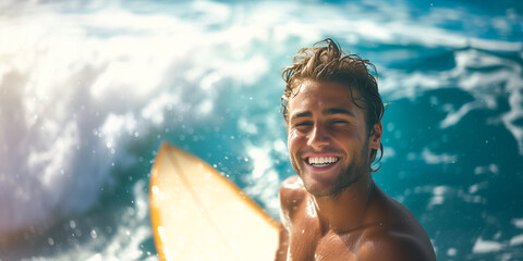 happy smiling male surfer with surfboard after surfing against waves background
