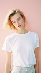 Fototapeta premium Young pretty cool trendy woman gen z model wearing tshirt looking at camera standing on color background. Face skin care cosmetics makeup, fashion ads. Beauty portrait. White t-shirt mock up template 
