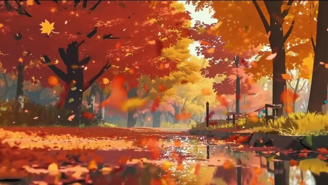 Fall or autumn landscape with trees. Cartoon or japanese anime watercolor painting illustration style. Seamless looping 4k time-lapse virtual video animation background