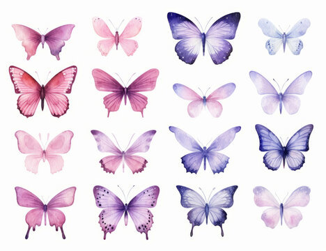Assorted watercolor butterflies collection in pink and purple hues