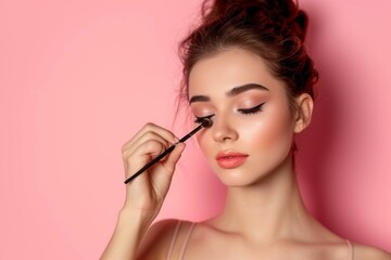 Fototapeta premium woman applying make up isolated on pink