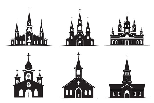 Church icon set. Vector illustration in black and white colors isolated on white background.