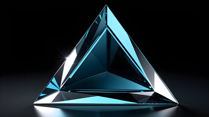 glassy shiny transparent crystal in the form of a 3d triangle isolated on black background - obrazy, fototapety, plakaty