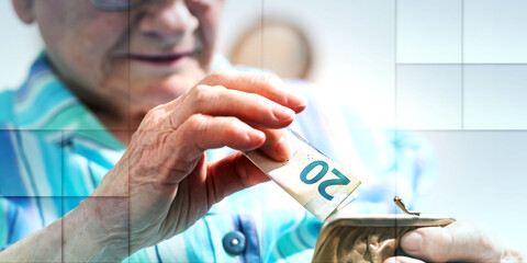 Senior woman taking out a banknote from her wallet, geometric pattern