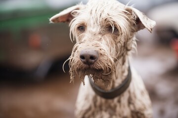 white dog almost unrecognizable, covered in mud