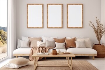 Empty white poster frames hang on a white wall above a beige sofa in a living room. Made with generative AI technology