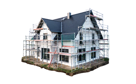 Construction Site of a Single-Family Home Surrounded by Scaffolding