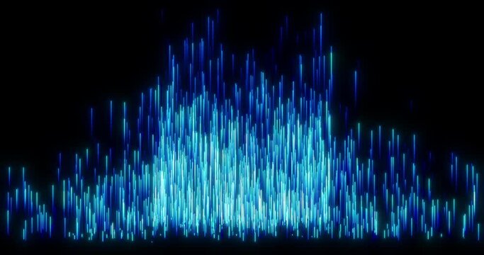 Dynamic abstract histogram with a high in the center. Growing blue glowing columns on black background.
