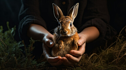 Little hare sitting on hand