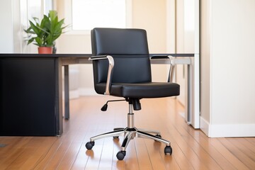 a sleek black leather office chair in front of a desk