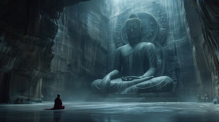 Buddhist monks engaging near serene Buddha statue in the cave. Harmony and Serenity Concept. Generative AI. - obrazy, fototapety, plakaty