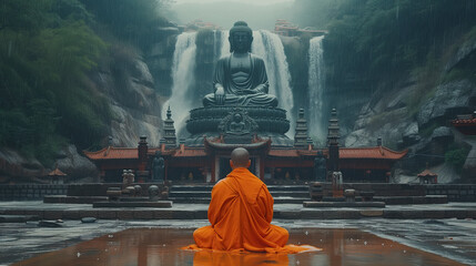 Buddhist monks engaging near serene Buddha statue in the rain. Harmony and Serenity Concept. Generative AI.