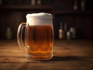 a cold mug of beer with foam on a wooden table in the background light. a pint of ale.