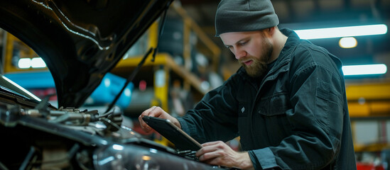 Mechanic wearing beanie using a tablet computer while working fixing a car in the garage.