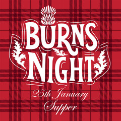 Burns night supper card with thistle on tartan background. Menu with lettering for restaurant, party...
