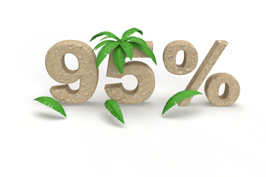 Number 95 percentage made of sand with palm trees for summer vacation. Banner title idea. 3d rendering
