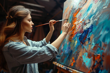 Female Artist Works on Abstract Oil Painting Moving Paint Brush Energetically She Creates Modern Masterpiece Dark Creative Studio where Large Canvas Stands on Easel Illuminated Low Angle Close-up