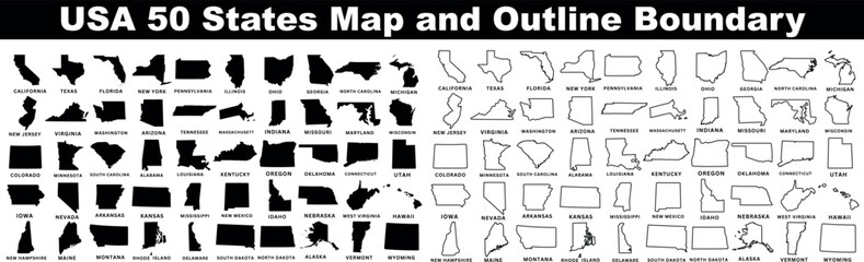 USA 50 States Map, Outline Boundary, educational tool. Clear representation, individual states isolated for easy identification, learning. Perfect for educational materials, travel graphics. © Arafat
