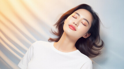 Young adult healthy beautiful Asian woman model wearing white t-shirt on background. Face flawless perfect fresh skin care korean cosmetic treatment makeup products skincare ads. Beauty portrait .