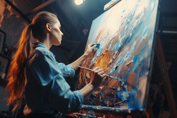 Female Artist Works on Abstract Oil Painting Moving Paint Brush Energetically She Creates Modern Masterpiece Dark Creative Studio where Large Canvas Stands on Easel Illuminated Low Angle Close-up - Powered by Adobe