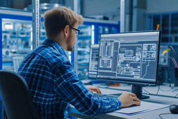 Over the Shoulder Shot of Engineer Working with CAD Software on Desktop Computer Screen Shows Technical Details and Drawings In the Background Engineering Facility Specialising on Industrial Design