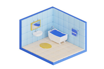 Bathroom 3D Illustration. Isometric view bathroom open inside interior architecture 3d illustration
