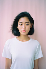 Fototapeta premium Young pretty Asian woman model wearing tshirt looking at camera standing on color background. Face skin care korean cosmetic and makeup, fashion ads. Beauty portrait. White t-shirt mock up template .