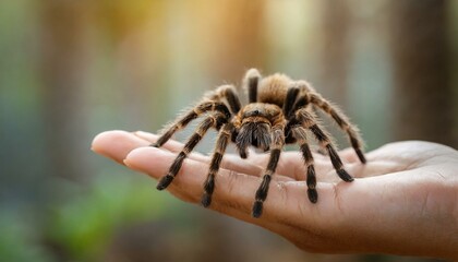 A giant tarantula spider on a human's palm, in a hand - obrazy, fototapety, plakaty