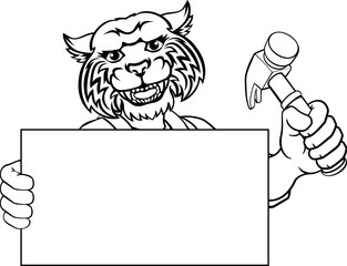 A wildcat handyman or carpenter cartoon construction man mascot character holding a hammer tool