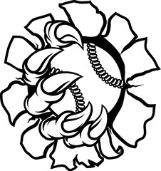 A baseball or softball claw sports illustration of an eagle or animal monster hand holding ball
