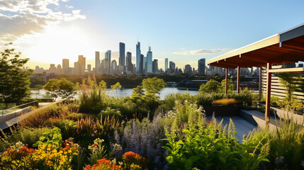 Serene city park overlooking a bustling urban skyline at sunset
