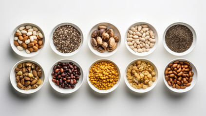 Assorted legumes in bowls on white background for healthy diet
