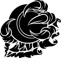 A claw with talons holding a tennis ball. Could be a monster like a dragon or dinosaur or perhaps bird like an eagle or hawk. Ripping or tearing through the background.