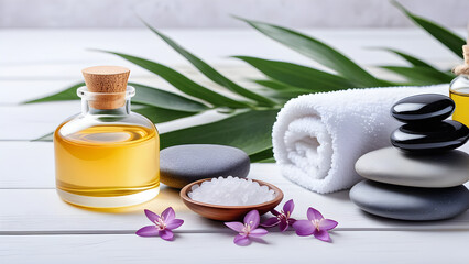 Obraz na płótnie Canvas beauty treatment items for spa procedures on white wooden table massage stones essential oils
