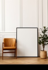 Minimal mockup featuring a large vertical wooden picture frame within a softly lit pastel interior. Made with generative AI technology