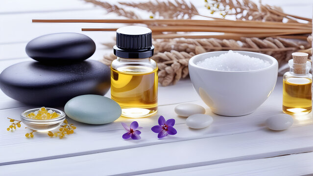 beauty treatment items for spa procedures on white wooden table massage stones essential oils