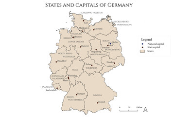 Map of states and capitals of Germany - mapped in an antique and rustic style - obrazy, fototapety, plakaty