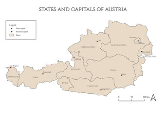 Map of states and capitals of Austria - mapped in an antique and rustic style